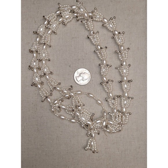 Lot 2 Vintage White Gold Flower Tassel Seed Bead Necklaces Retro Wedding Lei - Picture 8 of 13